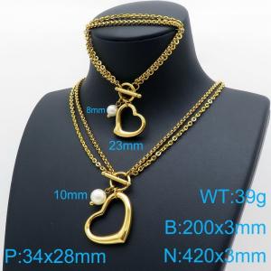 Fashion simple stainless steel double O-chain hollow heart bracelet necklace two-piece set - KS136405-Z