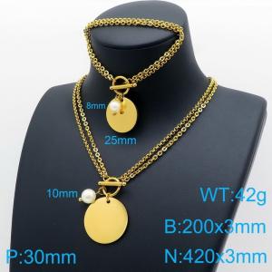 Stylish simple stainless steel double-layer O-chain geometric circular bracelet necklace two-piece set - KS136406-Z