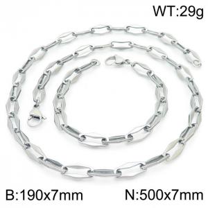7mm=19cm，50cm=Handmade fashion titanium steel hollowed out 7mm rhombus chain design simple neutral silvery jewelry sets - KS192228-Z