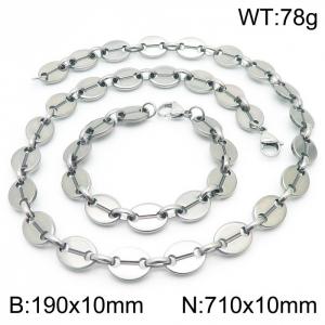 10mm=19cm，71cm=European and American Hip Hop Style Handmade 304 Stainless Steel Unisex Silver Coffee Bean jewelry sets - KS192323-Z
