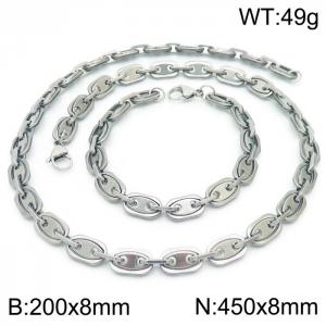 8mm=20cm，45cm=European and American fashion jewelry 304 stainless steel men's and women's universal style pig nose silvery jewelry sets - KS192346-Z