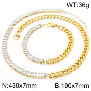 7mm Fashionable Personality Creative Splicing Necklace & Bracelet Jewelry Set Stainless Steel & Glass Gold Color - KS194369-Z