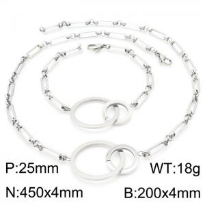 Simple Chain Necklace & Bracelet Jewelry Set Fashion Double Ring Charm Stainless Steel Silver Color - KS194373-Z