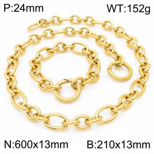13mm21cm13mm60cmJapanese and Korean style men's and women's O-shaped chain striped snap ring gold plated jewelry set - KS194811-Z