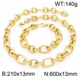 13mm21cm13mm60cm=Simple men's and women's irregular O chain lobster clasp gold-plated jewelry set - KS194846-Z