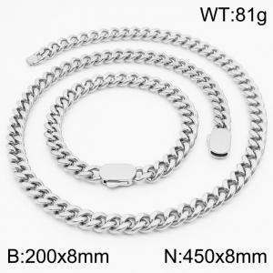 Personalized trend stainless steel Cuban chain neutral air flat buckle bracelet necklace set - KS197021-Z