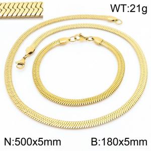 Women's Gold 5x500mm Herringbone Flat Snake Chain Stainless Steel Bracelet Necklace Jewelry Set - KS197316-Z
