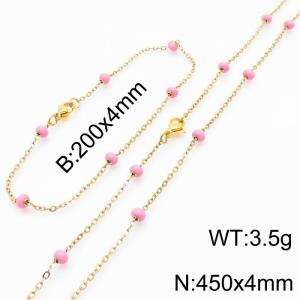 4mm Gold Stainless Steel Bracelet 20cm & Necklace 45cm With Pink Beads - KS197679-Z