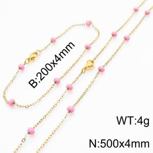4mm Gold Stainless Steel Bracelet 20cm & Necklace 50cm With Pink Beads - KS197680-Z