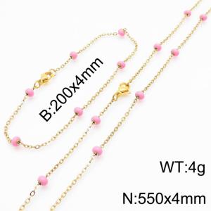 4mm Gold Stainless Steel Bracelet 20cm & Necklace 55cm With Pink Beads - KS197681-Z