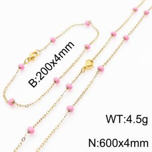 4mm Gold Stainless Steel Bracelet 20cm & Necklace 60cm With Pink Beads - KS197682-Z