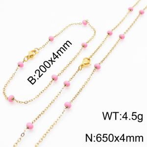 4mm Gold Stainless Steel Bracelet 20cm & Necklace 65cm With Pink Beads - KS197683-Z