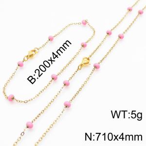 4mm Gold Stainless Steel Bracelet 20cm & Necklace 71cm With Pink Beads - KS197684-Z