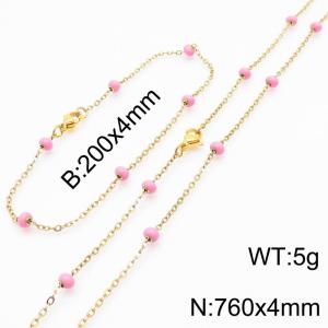 4mm Gold Stainless Steel Bracelet 20cm & Necklace 76cm With Pink Beads - KS197685-Z
