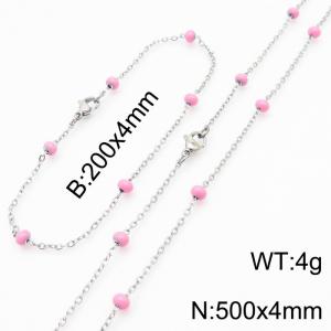 4mm Silver Stainless Steel Bracelet 20cm & Necklace 50cm With Pink Beads - KS197687-Z