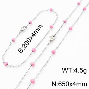 4mm Silver Stainless Steel Bracelet 20cm & Necklace 65cm With Pink Beads - KS197690-Z