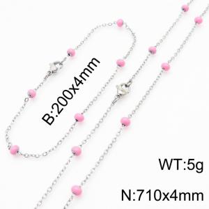 4mm Silver Stainless Steel Bracelet 20cm & Necklace 71cm With Pink Beads - KS197691-Z