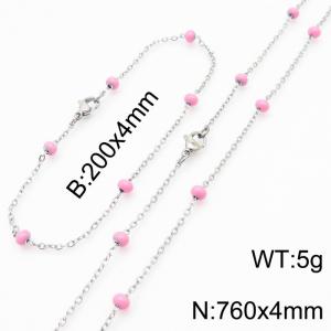 4mm Silver Stainless Steel Bracelet 20cm & Necklace 76cm With Pink Beads - KS197692-Z