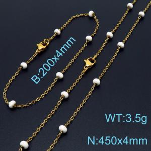 4mm Gold Stainless Steel Bracelet 20cm & Necklace 45cm With White Beads - KS197693-Z