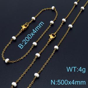 4mm Gold Stainless Steel Bracelet 20cm & Necklace 50cm With White Beads - KS197694-Z