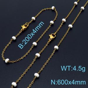 4mm Gold Stainless Steel Bracelet 20cm & Necklace 60cm With White Beads - KS197696-Z