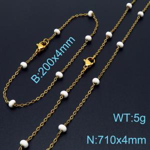 4mm Gold Stainless Steel Bracelet 20cm & Necklace 71cm With White Beads - KS197698-Z