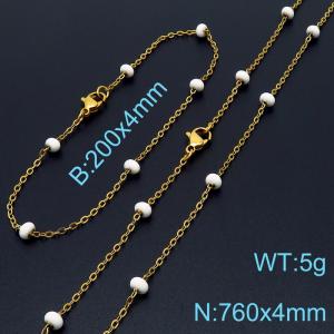 4mm Gold Stainless Steel Bracelet 20cm & Necklace 76cm With White Beads - KS197699-Z