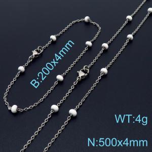 4mm Silver Stainless Steel Bracelet 20cm & Necklace 50cm With White Beads - KS197701-Z