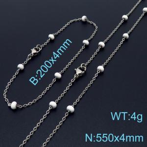 4mm Silver Stainless Steel Bracelet 20cm & Necklace 55cm With White Beads - KS197702-Z