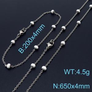 4mm Silver Stainless Steel Bracelet 20cm & Necklace 65cm With White Beads - KS197704-Z