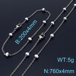 4mm Silver Stainless Steel Bracelet 20cm & Necklace 76cm With White Beads - KS197706-Z