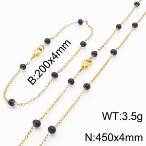 4mm Gold Stainless Steel Bracelet 20cm & Necklace 45cm With Black Beads - KS197707-Z