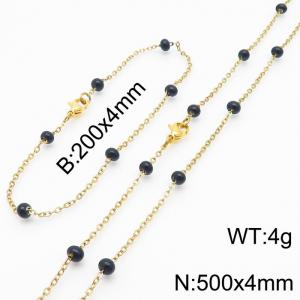 4mm Gold Stainless Steel Bracelet 20cm & Necklace 50cm With Black Beads - KS197708-Z