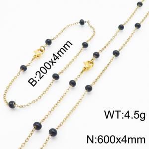 4mm Gold Stainless Steel Bracelet 20cm & Necklace 60cm With Black Beads - KS197710-Z