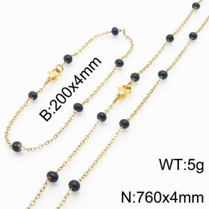 4mm Gold Stainless Steel Bracelet 20cm & Necklace 76cm With Black Beads - KS197711-Z