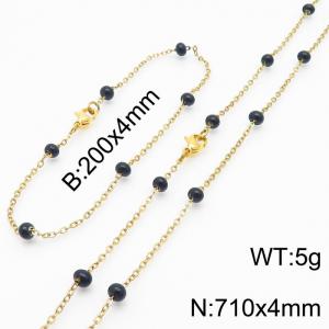 4mm Gold Stainless Steel Bracelet 20cm & Necklace 71cm With Black Beads - KS197712-Z