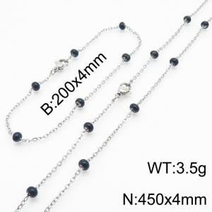 4mm Silver Stainless Steel Bracelet 20cm & Necklace 45cm With Black Beads - KS197714-Z