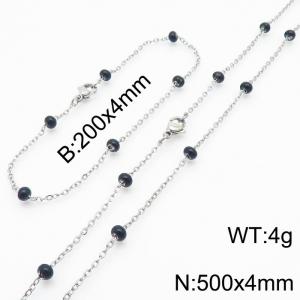 4mm Silver Stainless Steel Bracelet 20cm & Necklace 50cm With Black Beads - KS197715-Z