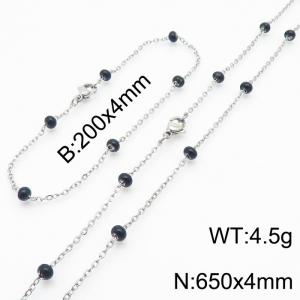 4mm Silver Stainless Steel Bracelet 20cm & Necklace 65cm With Black Beads - KS197718-Z