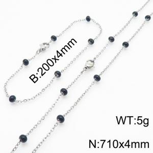 4mm Silver Stainless Steel Bracelet 20cm & Necklace 71cm With Black Beads - KS197719-Z