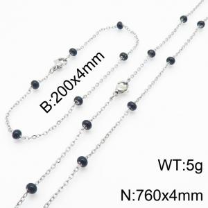 4mm Silver Stainless Steel Bracelet 20cm & Necklace 76cm With Black Beads - KS197720-Z