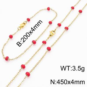4mm Gold Stainless Steel Bracelet 20cm & Necklace 45cm With Red Beads - KS197721-Z