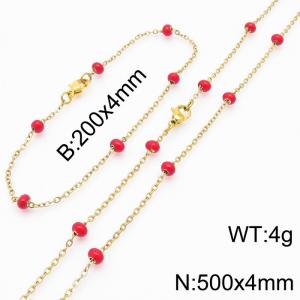 4mm Gold Stainless Steel Bracelet 20cm & Necklace 50cm With Red Beads - KS197722-Z