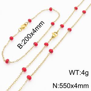 4mm Gold Stainless Steel Bracelet 20cm & Necklace 55cm With Red Beads - KS197723-Z