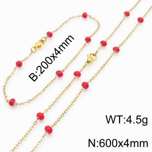 4mm Gold Stainless Steel Bracelet 20cm & Necklace 60cm With Red Beads - KS197724-Z