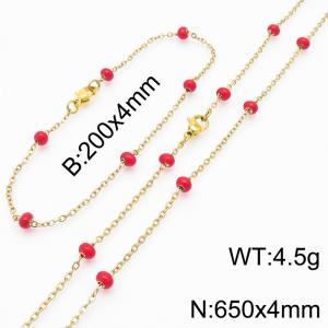 4mm Gold Stainless Steel Bracelet 20cm & Necklace 65cm With Red Beads - KS197725-Z
