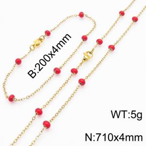 4mm Gold Stainless Steel Bracelet 20cm & Necklace 71cm With Red Beads - KS197726-Z