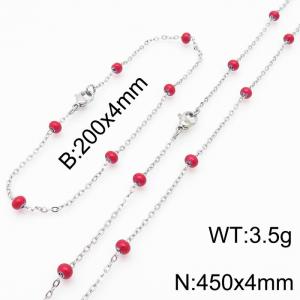 4mm Silver Stainless Steel Bracelet 20cm & Necklace 45cm With Red Beads - KS197728-Z