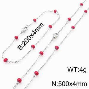 4mm Silver Stainless Steel Bracelet 20cm & Necklace 50cm With Red Beads - KS197729-Z