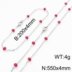 4mm Silver Stainless Steel Bracelet 20cm & Necklace 55cm With Red Beads - KS197730-Z
